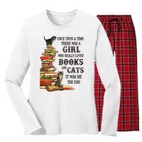 Once Upon A Time A Girl Really Loved Books And Cats Women's Long Sleeve Flannel Pajama Set 