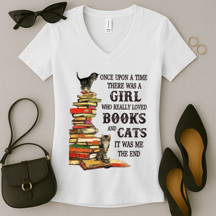 Once Upon A Time A Girl Really Loved Books And Cats Women's V-Neck T-Shirt