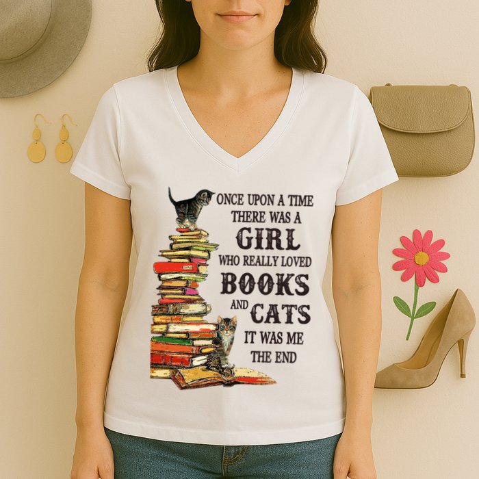 Once Upon A Time A Girl Really Loved Books And Cats Women's V-Neck T-Shirt