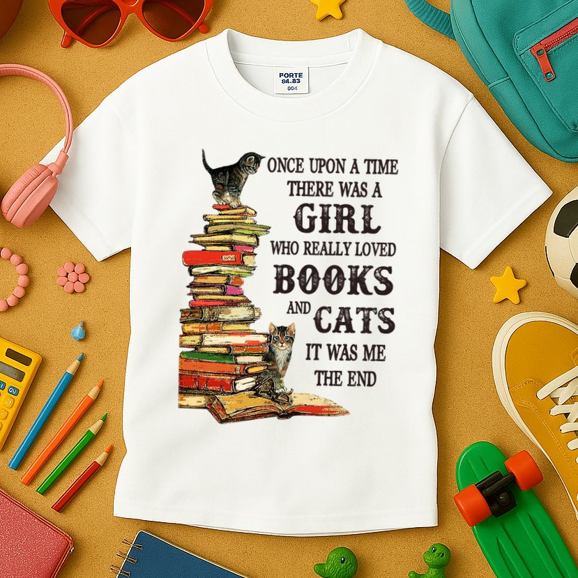 Once Upon A Time A Girl Really Loved Books And Cats Kids T-Shirt