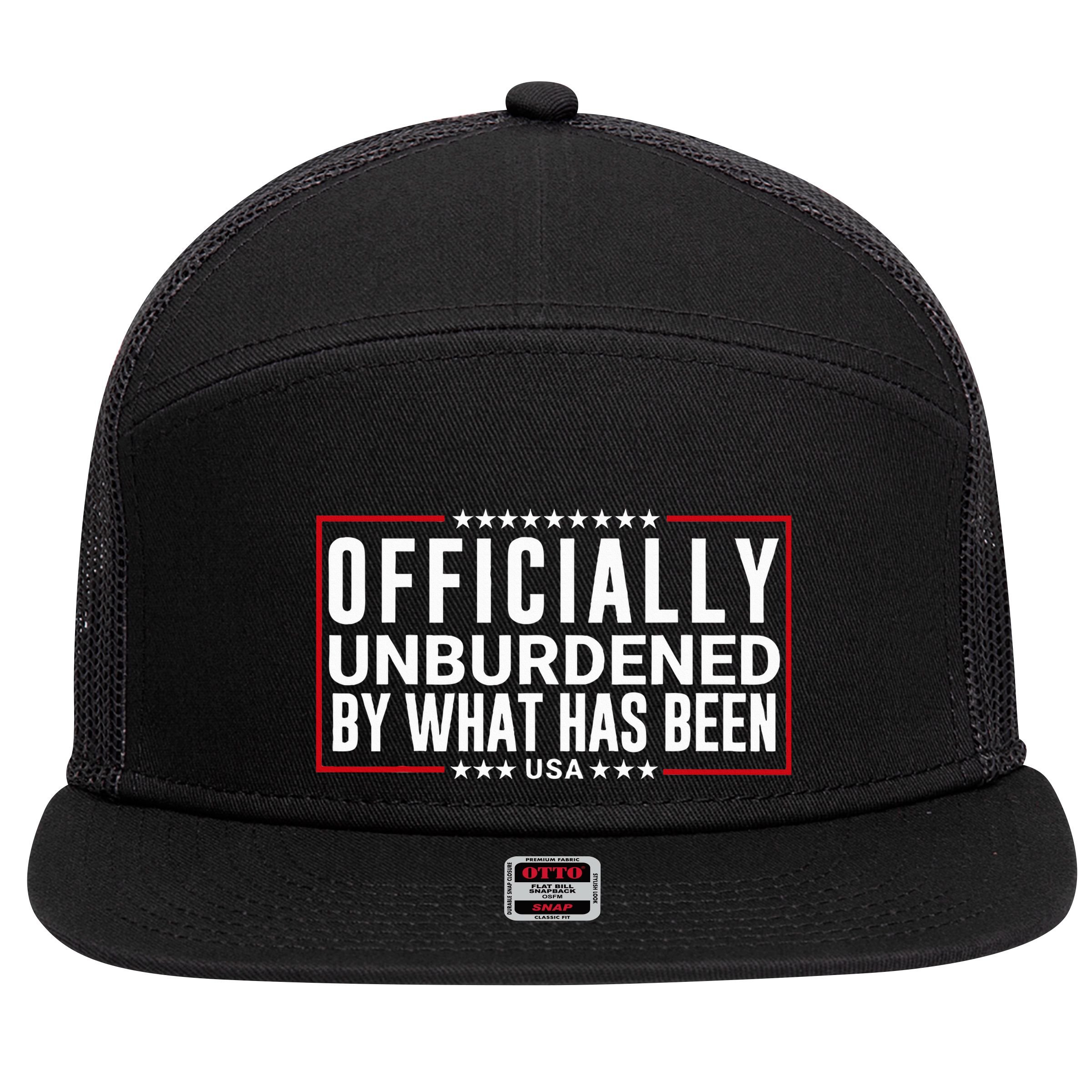 Officially Unburdened By What Has Been Trump Won Funny Meme 7 Panel Mesh Trucker Snapback Hat