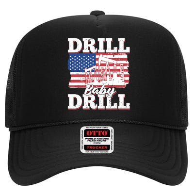 Oilfield Us Flag Drilling Oil Fracking - Drill Baby Drill High Crown Mesh Back Trucker Hat