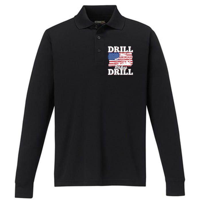 Oilfield Us Flag Drilling Oil Fracking - Drill Baby Drill Performance Long Sleeve Polo