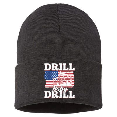 Oilfield Us Flag Drilling Oil Fracking - Drill Baby Drill Sustainable Knit Beanie