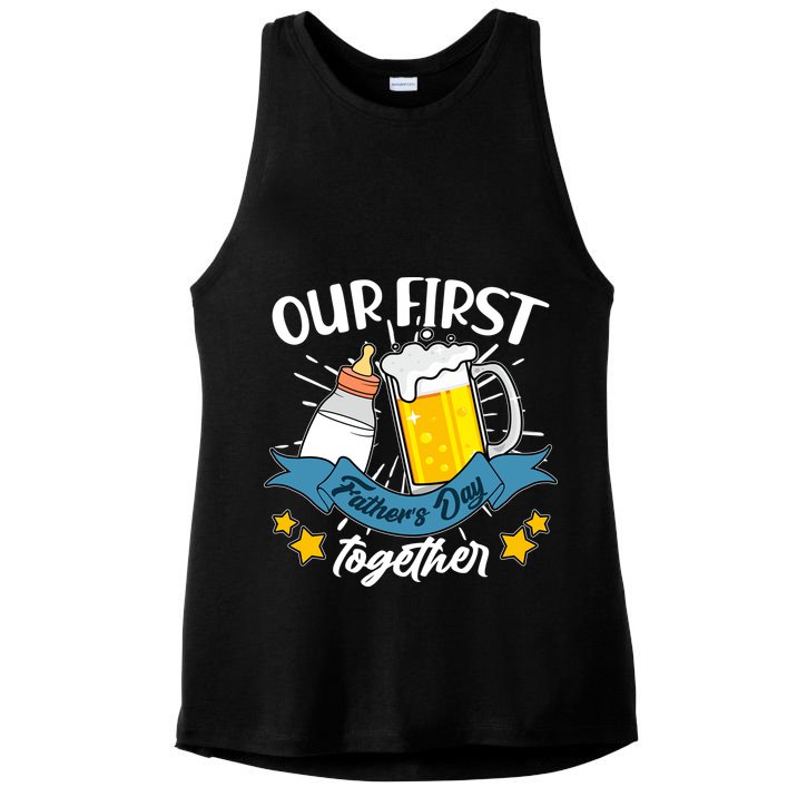 Our First Father's Day Together Baby Bottle Beer Mug Ladies PosiCharge Tri-Blend Wicking Tank