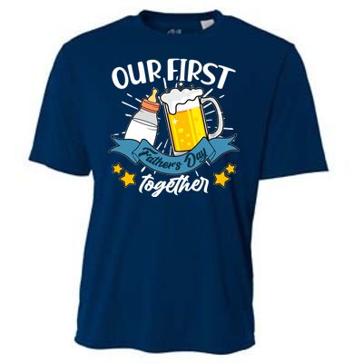 Our First Father's Day Together Baby Bottle Beer Mug Cooling Performance Crew T-Shirt