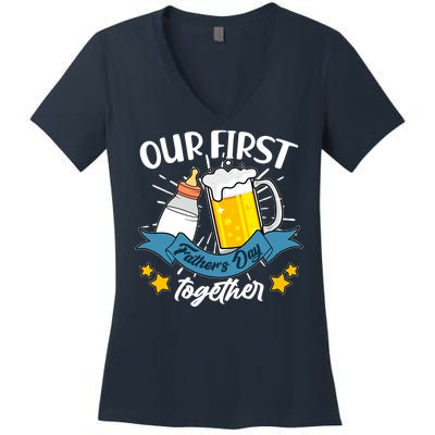 Our First Father's Day Together Baby Bottle Beer Mug Women's V-Neck T-Shirt