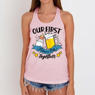 Our First Father's Day Together Baby Bottle Beer Mug Women's Knotted Racerback Tank