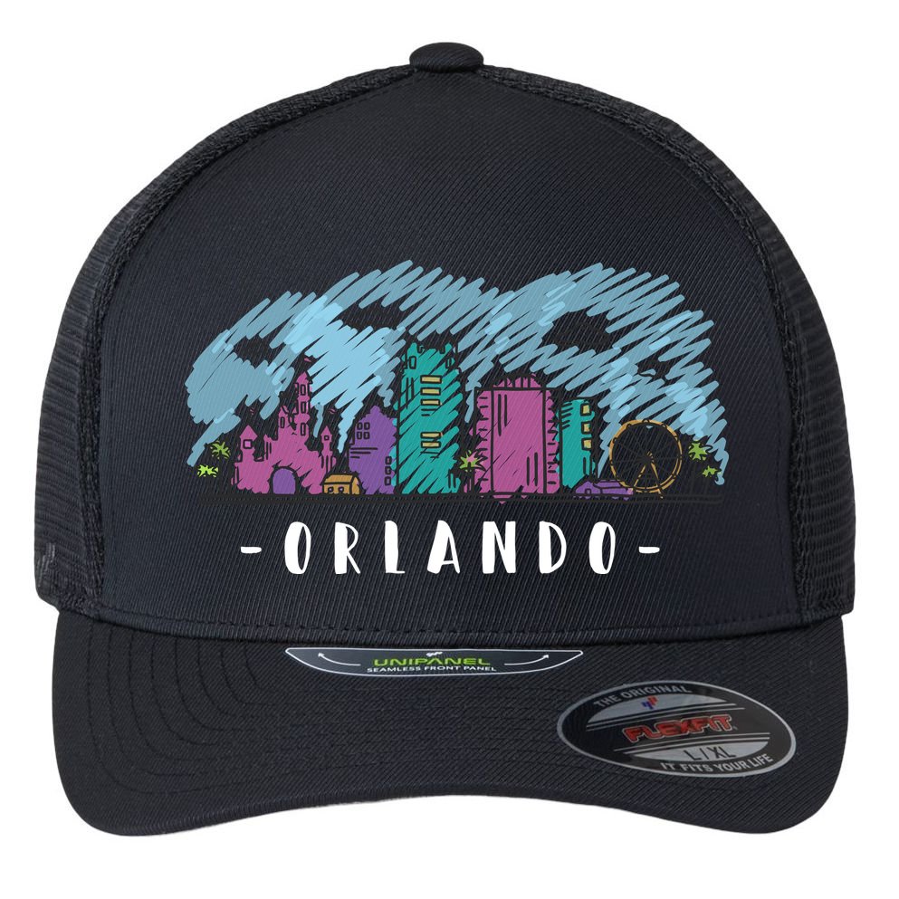 Orlando USA Skyline Sketch Flexfit Unipanel Trucker Cap