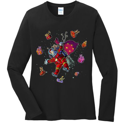 Outer Space Santa Christmas Astronaut  Ladies Long Sleeve Shirt