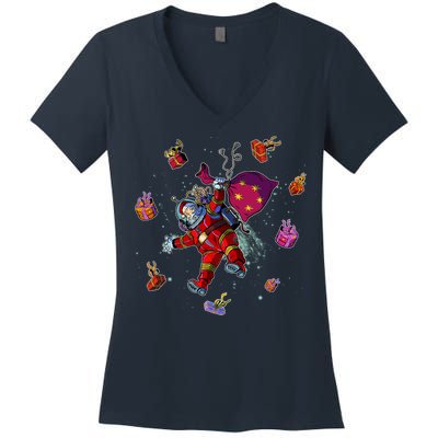 Outer Space Santa Christmas Astronaut  Women's V-Neck T-Shirt