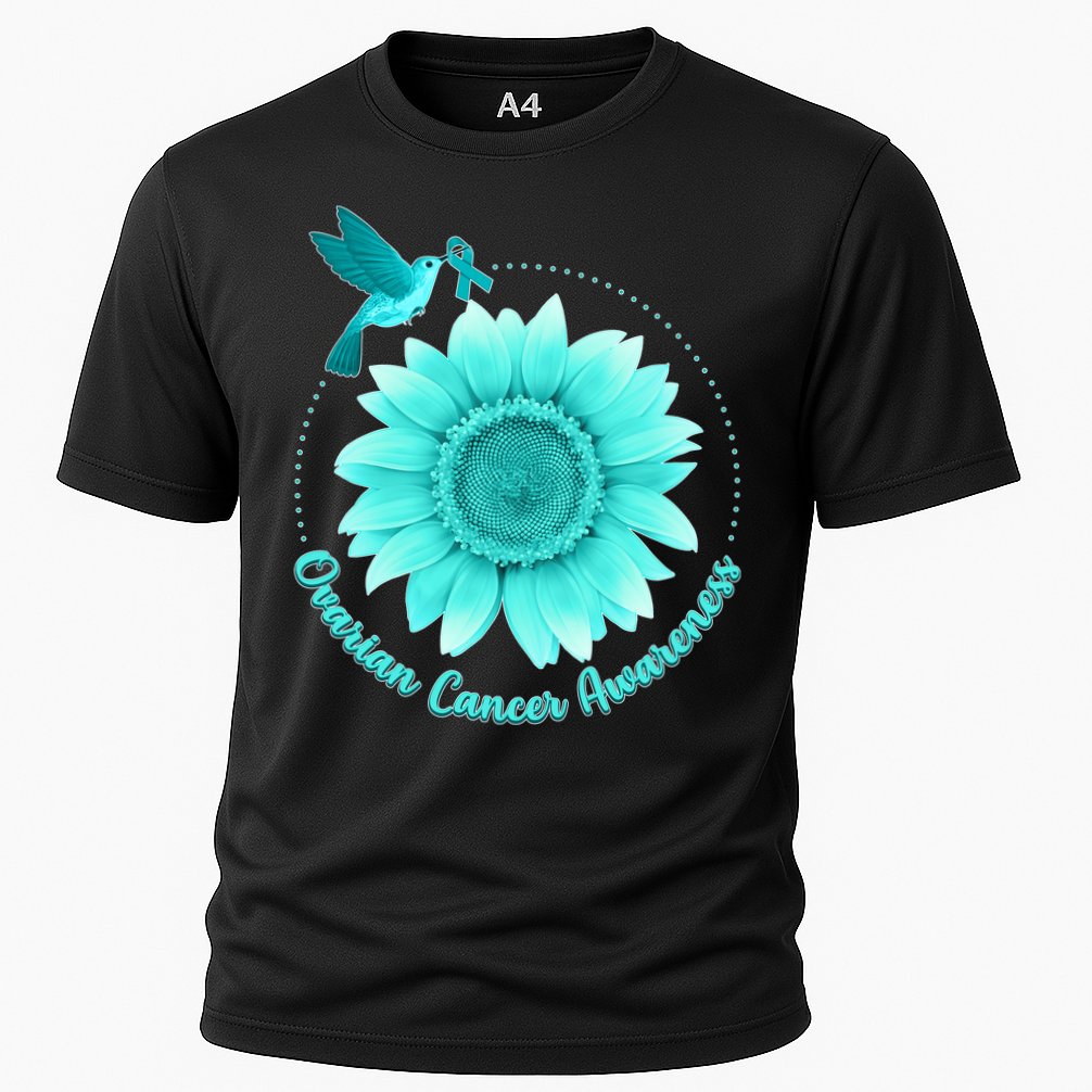 Ovarian Cancer Awareness Teal Hummingbird Sunflower Cooling Performance Crew T-Shirt