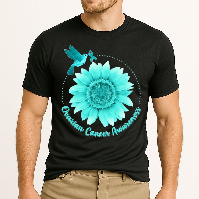 Ovarian Cancer Awareness Teal Hummingbird Sunflower Cooling Performance Crew T-Shirt
