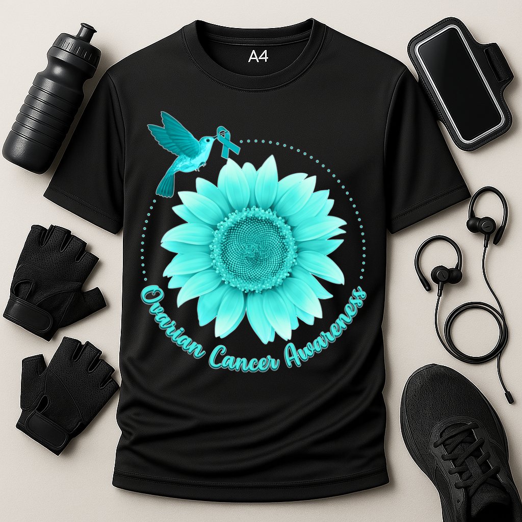 Ovarian Cancer Awareness Teal Hummingbird Sunflower Cooling Performance Crew T-Shirt