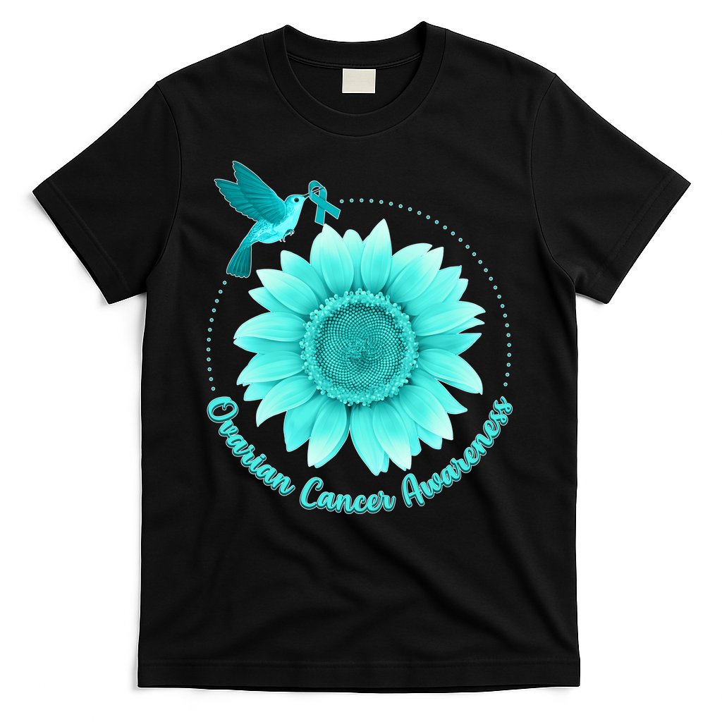 Ovarian Cancer Awareness Teal Hummingbird Sunflower T-Shirt