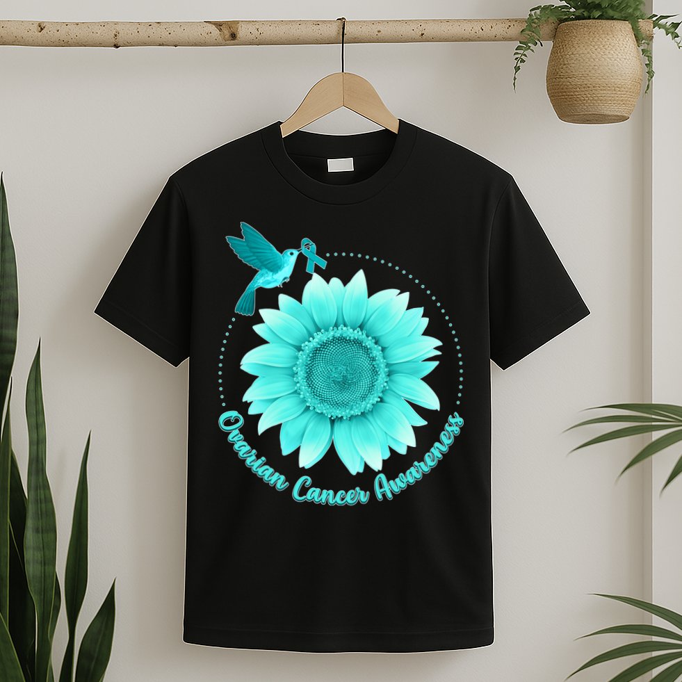 Ovarian Cancer Awareness Teal Hummingbird Sunflower T-Shirt