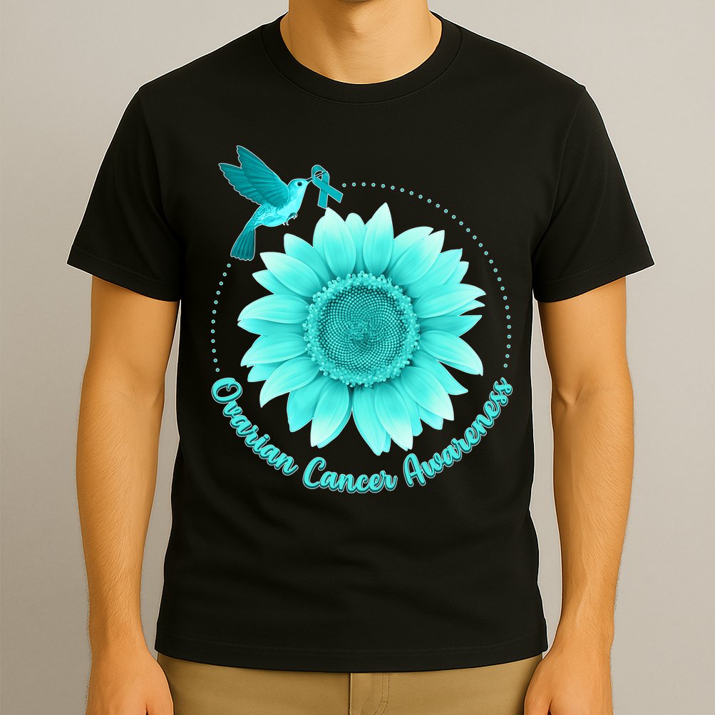 Ovarian Cancer Awareness Teal Hummingbird Sunflower T-Shirt