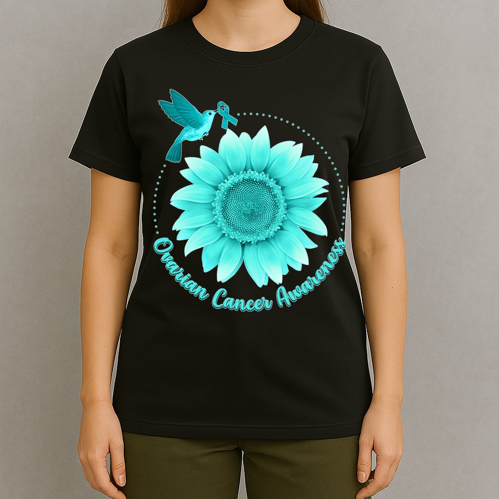 Ovarian Cancer Awareness Teal Hummingbird Sunflower T-Shirt