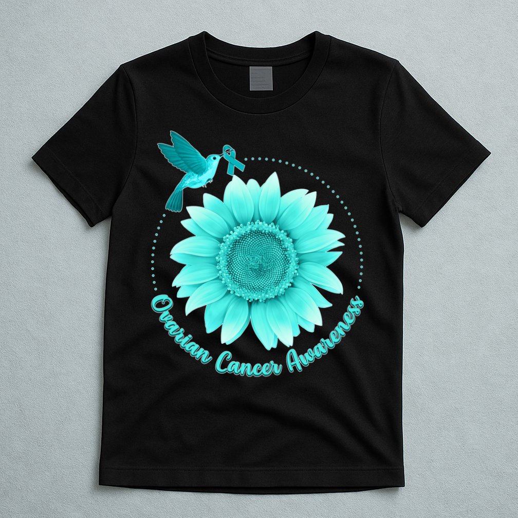 Ovarian Cancer Awareness Teal Hummingbird Sunflower T-Shirt
