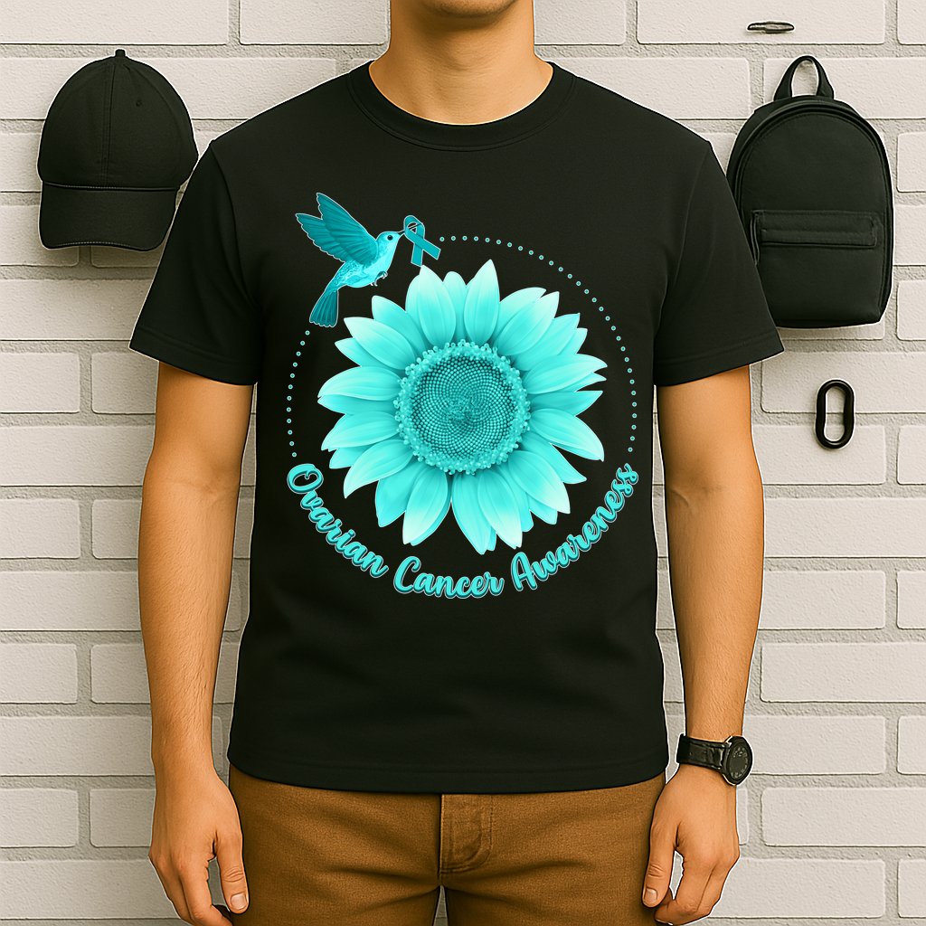Ovarian Cancer Awareness Teal Hummingbird Sunflower T-Shirt