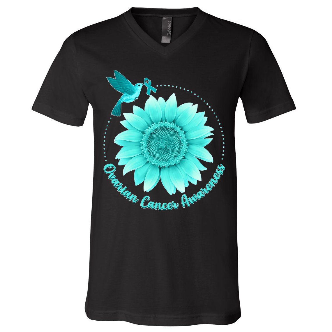 Ovarian Cancer Awareness Teal Hummingbird Sunflower V-Neck T-Shirt