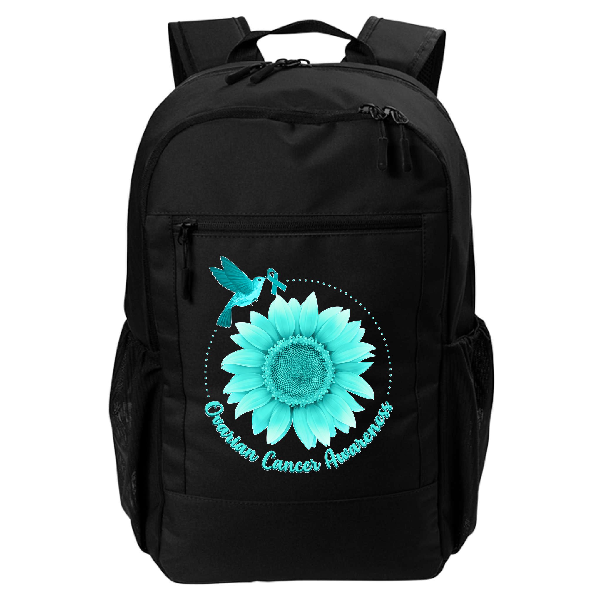 Ovarian Cancer Awareness Teal Hummingbird Sunflower Backpack