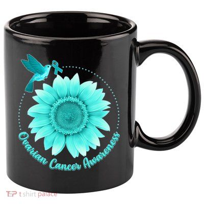 Ovarian Cancer Awareness Teal Hummingbird Sunflower 11oz C Handle Ceramic Mug