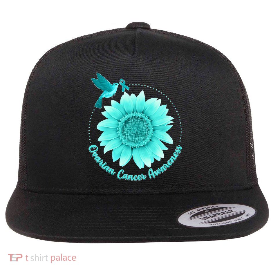 Ovarian Cancer Awareness Teal Hummingbird Sunflower Flat Bill Trucker Hat