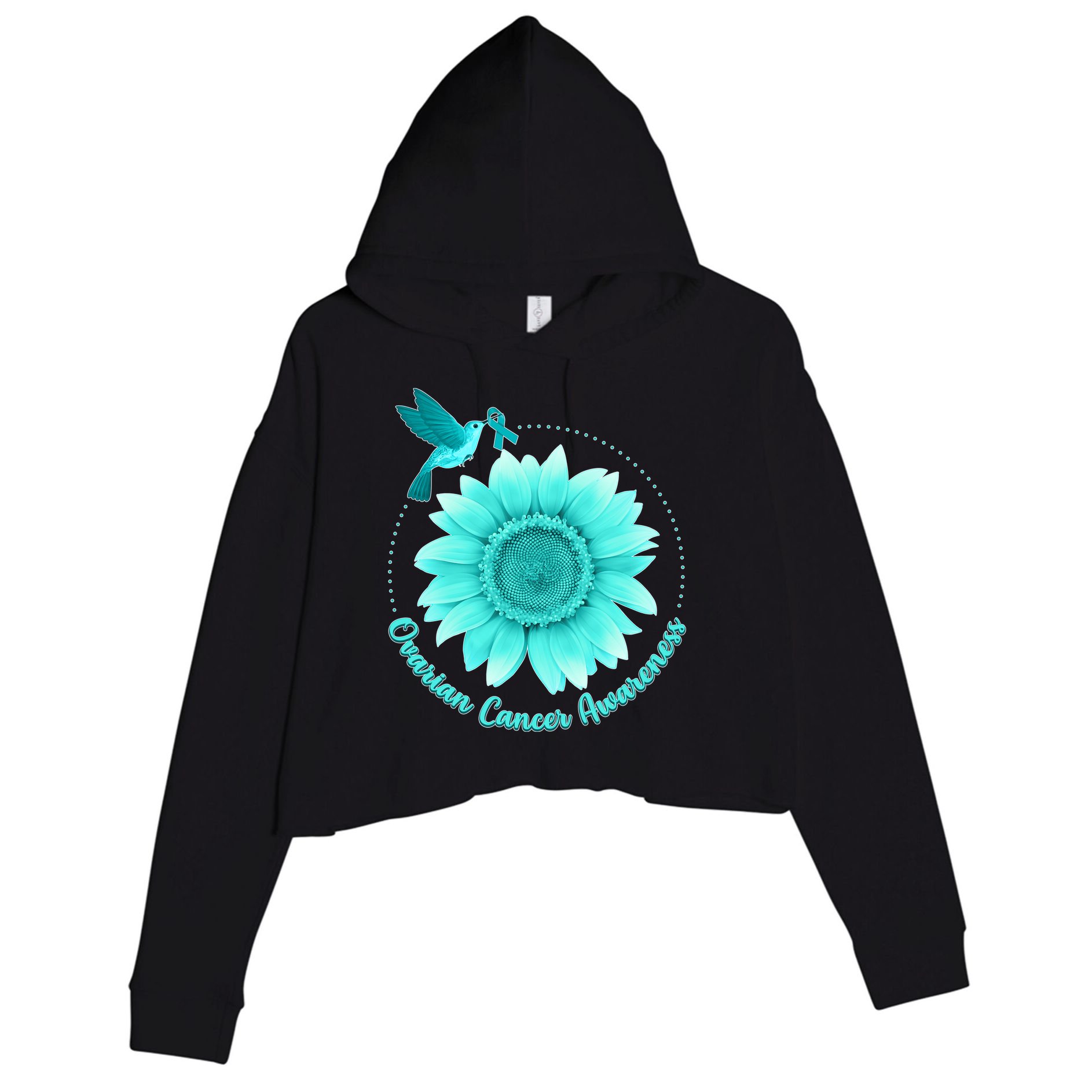Ovarian Cancer Awareness Teal Hummingbird Sunflower Crop Fleece Hoodie
