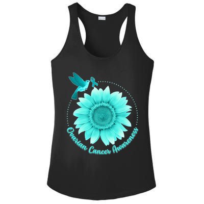 Ovarian Cancer Awareness Teal Hummingbird Sunflower Ladies PosiCharge Competitor Racerback Tank