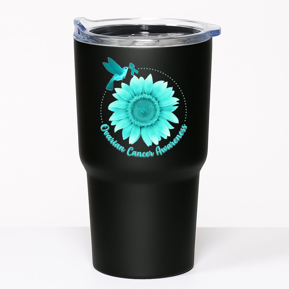 Ovarian Cancer Awareness Teal Hummingbird Sunflower Tumbler