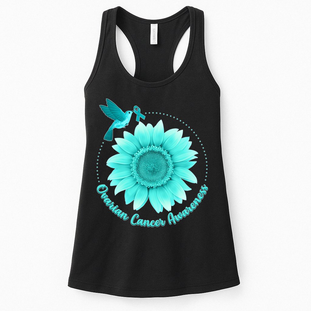 Ovarian Cancer Awareness Teal Hummingbird Sunflower Womens Tank Top