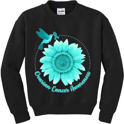 Ovarian Cancer Awareness Teal Hummingbird Sunflower Kids Sweatshirt