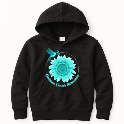Ovarian Cancer Awareness Teal Hummingbird Sunflower Kids Hoodie