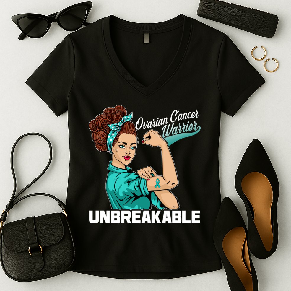 Ovarian Cancer Warrior Unbreakable Women's V-Neck T-Shirt