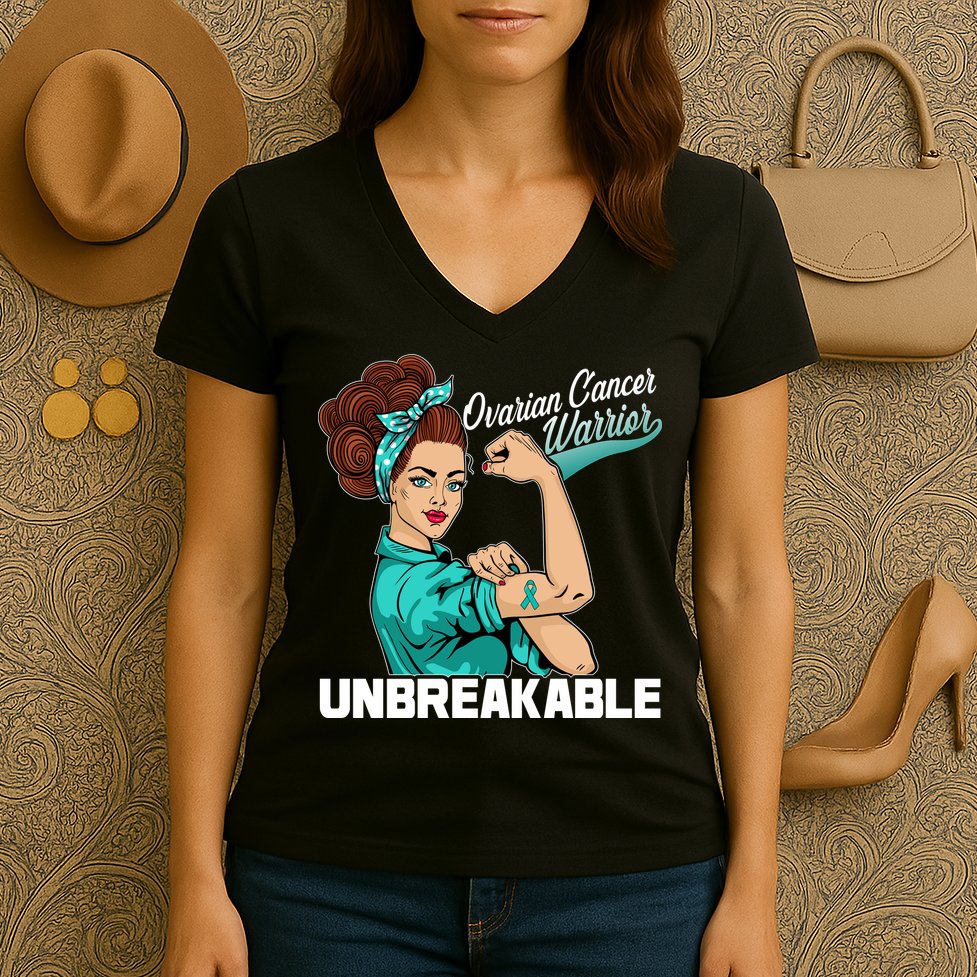Ovarian Cancer Warrior Unbreakable Women's V-Neck T-Shirt