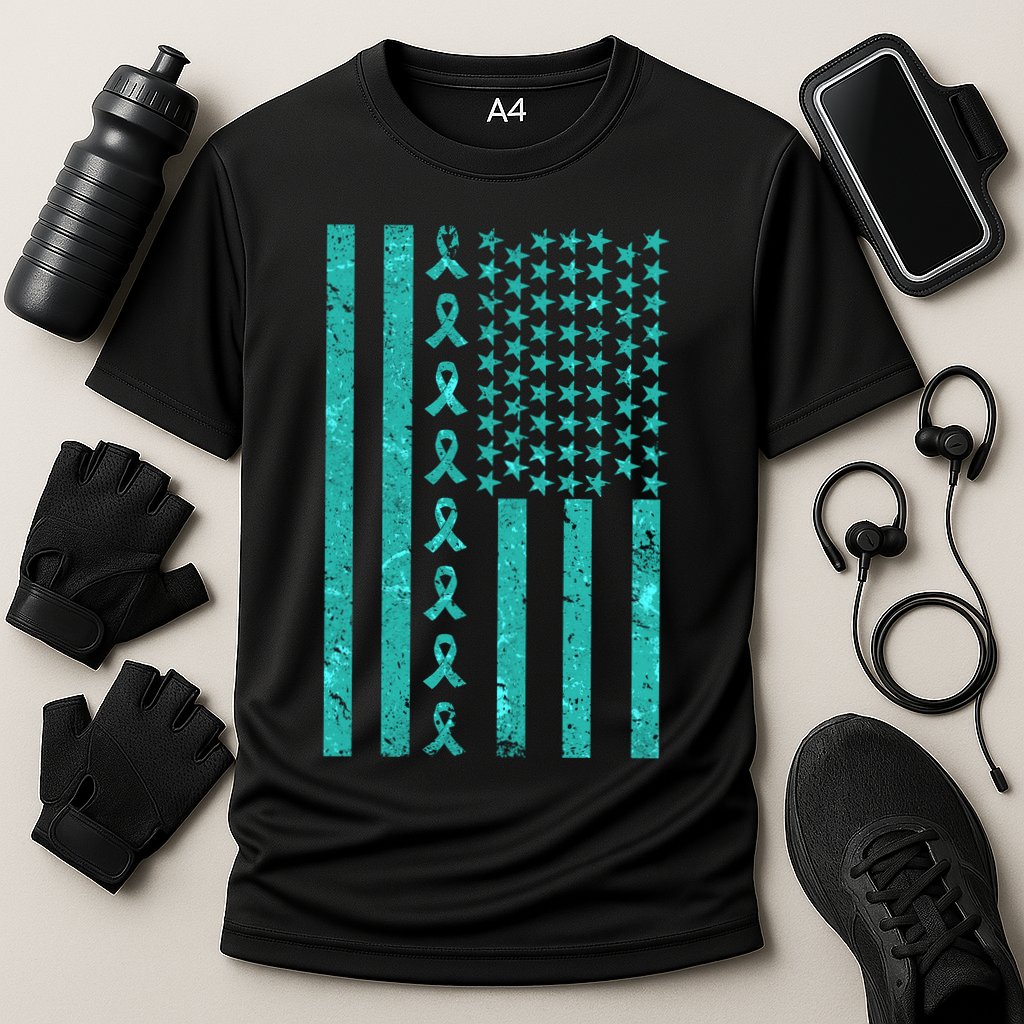 American Flag Ovarian Cancer Awareness Ribbon Cooling Performance Crew T-Shirt