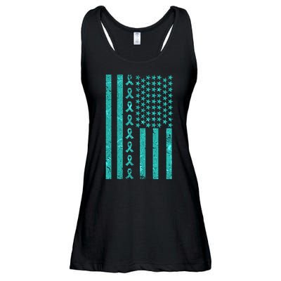 American Flag Ovarian Cancer Awareness Ribbon Ladies Essential Flowy Tank