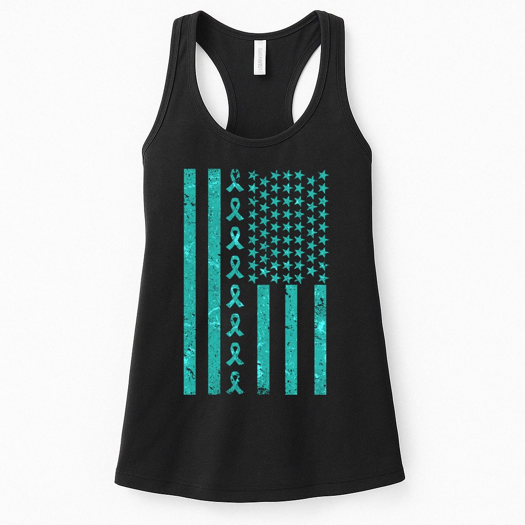American Flag Ovarian Cancer Awareness Ribbon Womens Tank Top