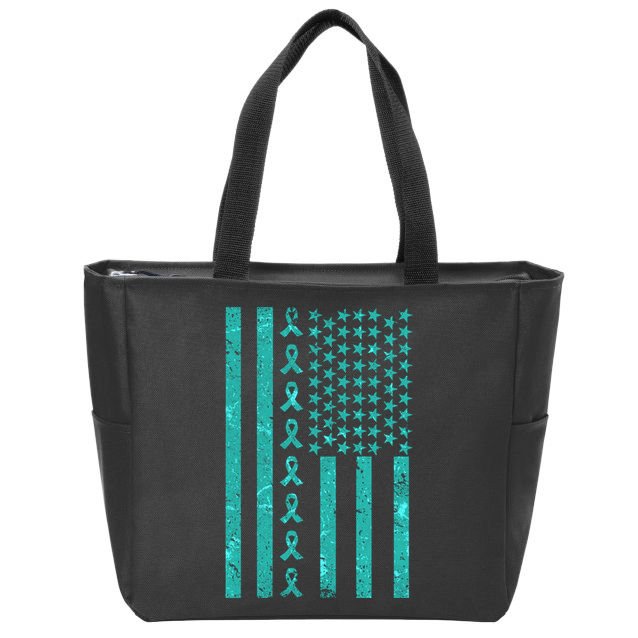 American Flag Ovarian Cancer Awareness Ribbon Zip Tote Bag