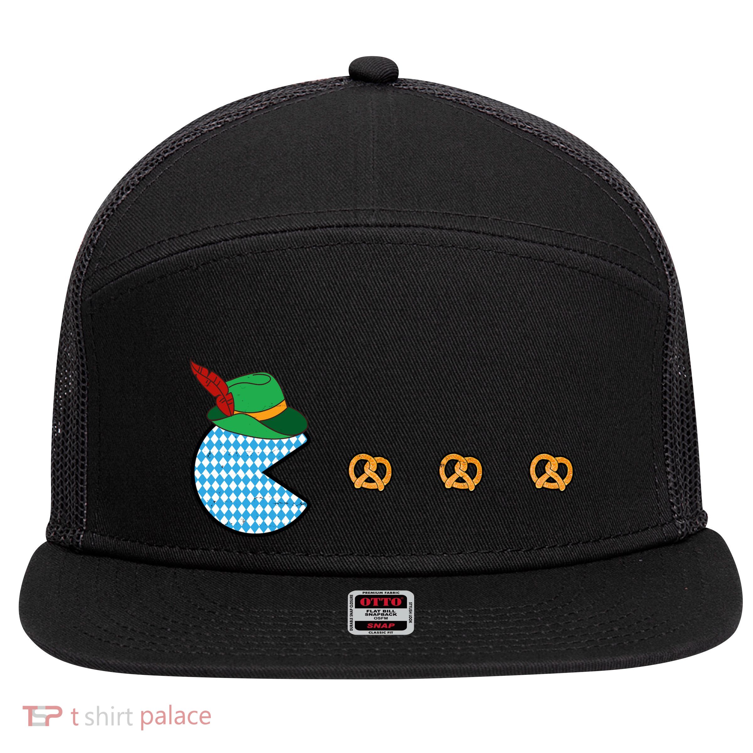 Oktoberfest Video Game Eating Pretzels Retro Gamer 7 Panel Mesh Trucker Snapback Hat