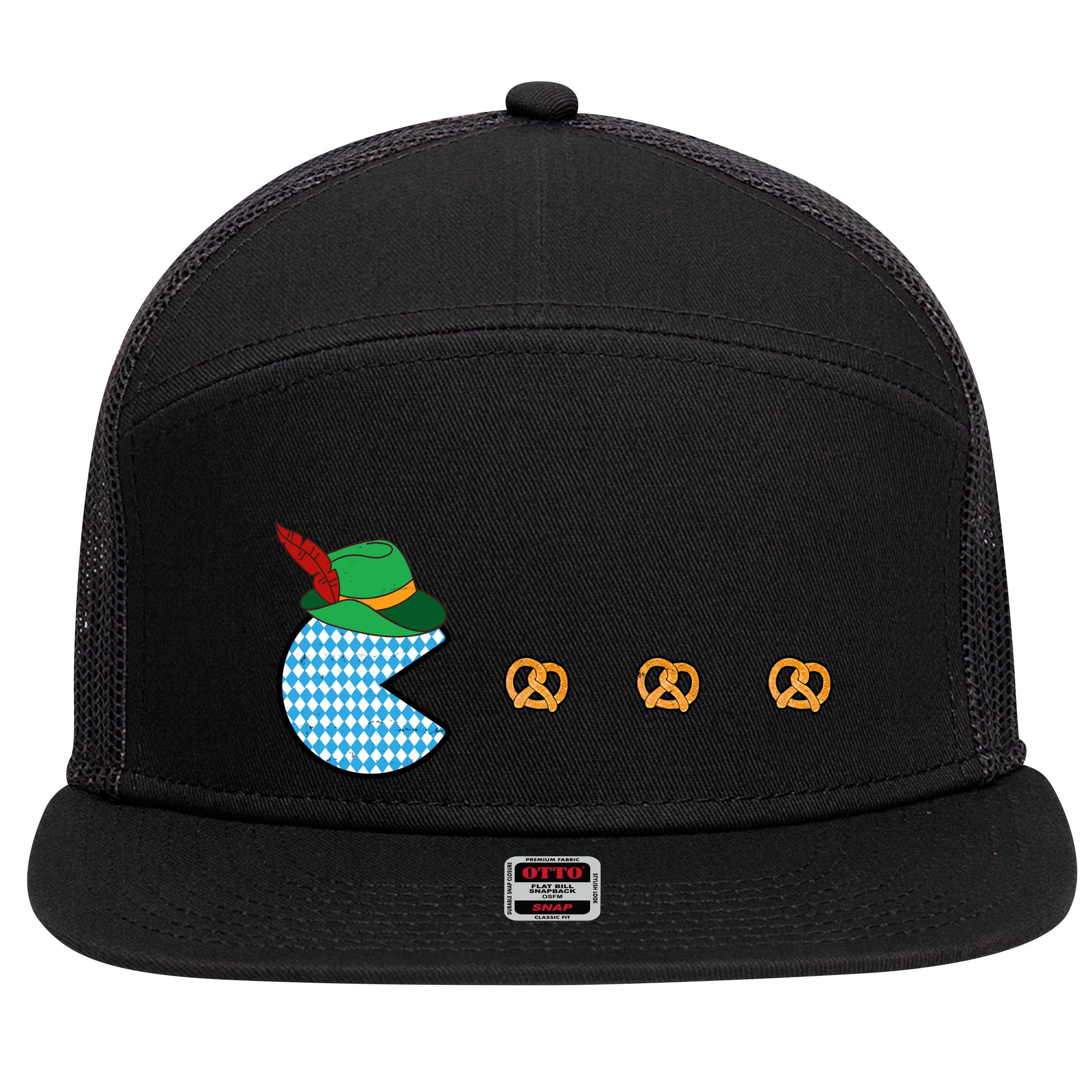 Oktoberfest Video Game Eating Pretzels Retro Gamer 7 Panel Mesh Trucker Snapback Hat