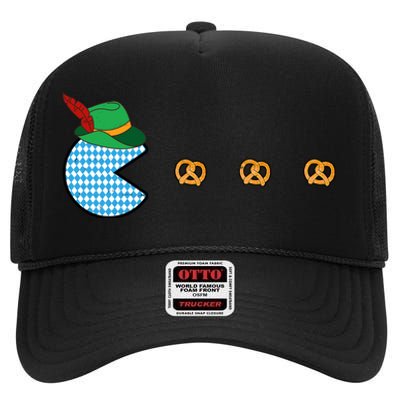 Oktoberfest Video Game Eating Pretzels Retro Gamer High Crown Mesh Back Trucker Hat