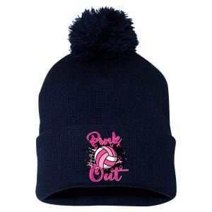 Out Volleyball Ribbon Breast Cancer Awareness Pom Pom 12in Knit Beanie