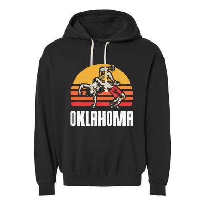 Oklahoma Vintage Wrestling Retro Wrestlers And Sun Graphic Garment-Dyed Fleece Hoodie