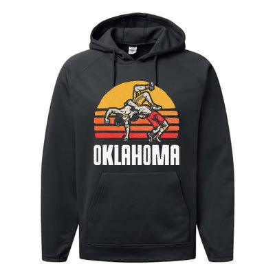 Oklahoma Vintage Wrestling Retro Wrestlers And Sun Graphic Performance Fleece Hoodie