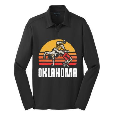 Oklahoma Vintage Wrestling Retro Wrestlers And Sun Graphic Silk Touch Performance Long Sleeve Polo