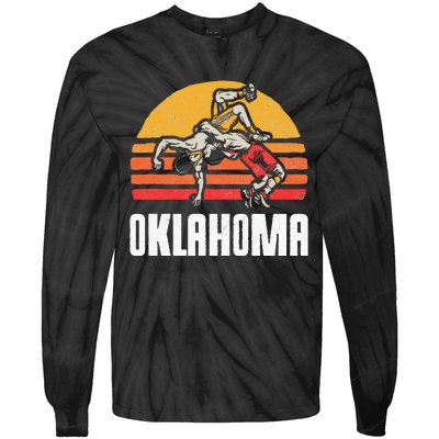 Oklahoma Vintage Wrestling Retro Wrestlers And Sun Graphic Tie-Dye Long Sleeve Shirt