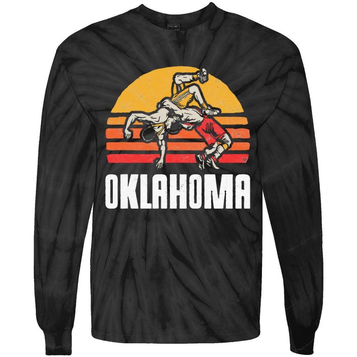 Oklahoma Vintage Wrestling Retro Wrestlers And Sun Graphic Tie-Dye Long Sleeve Shirt