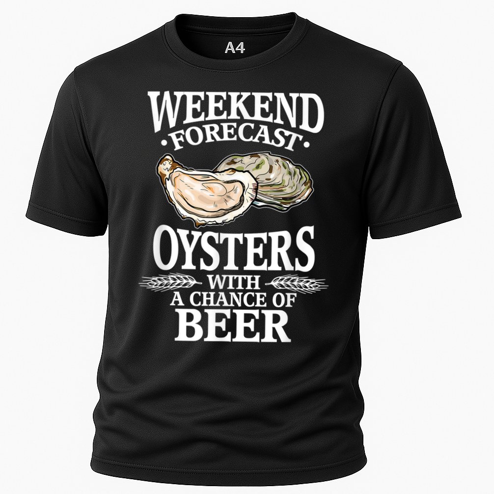 Oysters With A Chance Of Beer Weekend Forecast Funny Seafood Cooling Performance Crew T-Shirt